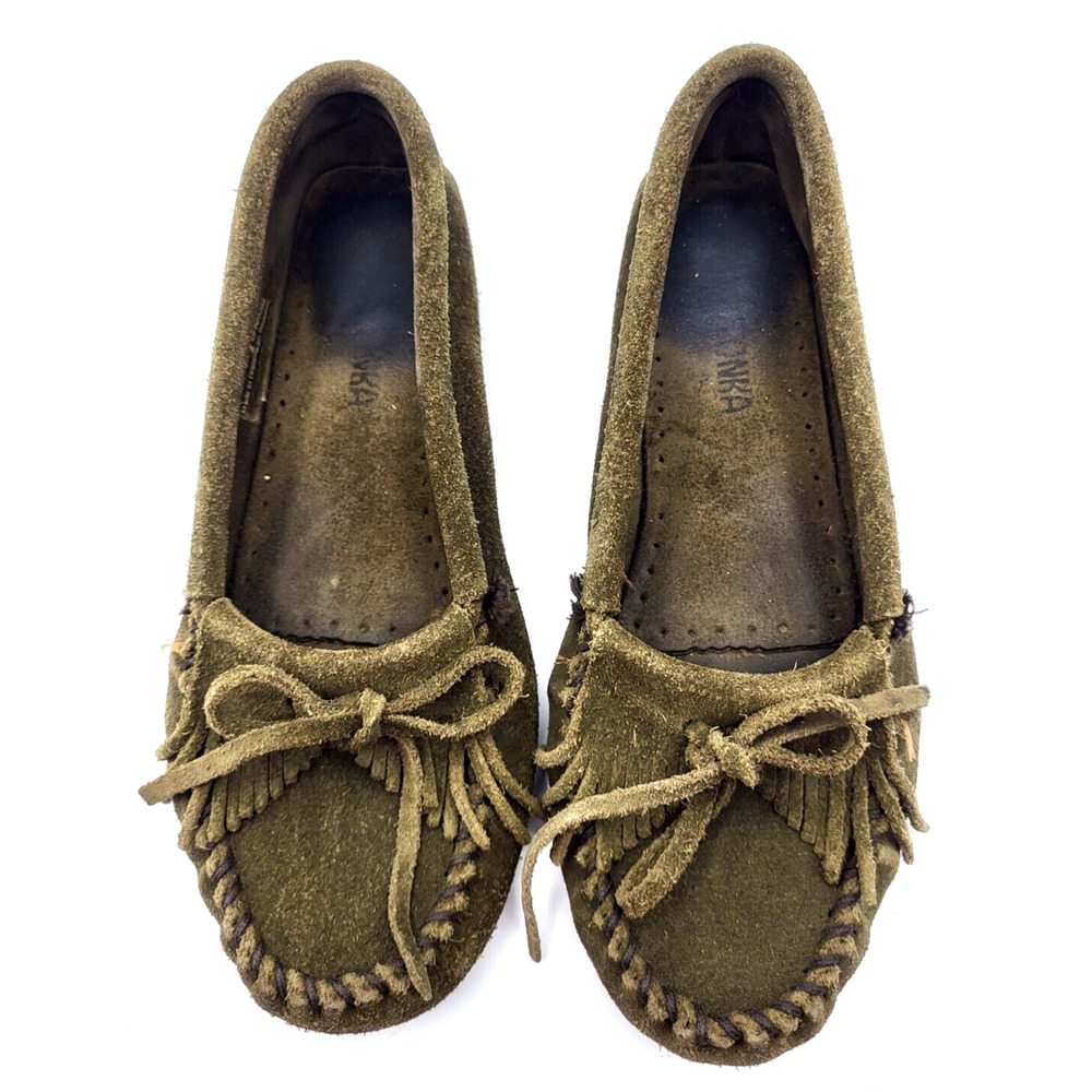 Olive Green Suede Fringe Moccasin Flats - Women's Casual Loafers
